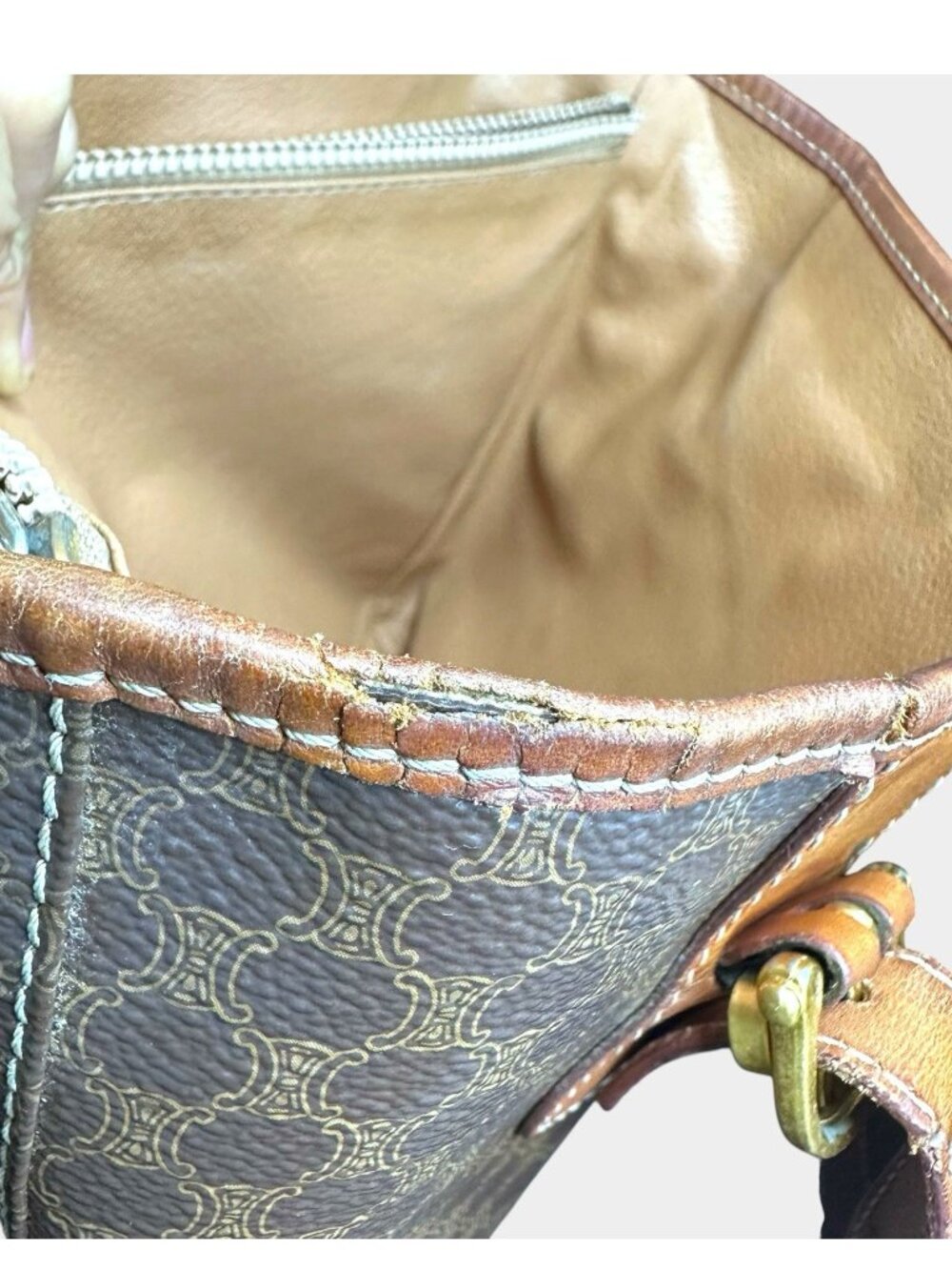 Auth CELINE Macadam Canvas Tote/Bucket Bag PVC/Leather Brown Gold M95 Logo Vintg - Picture 15 of 15